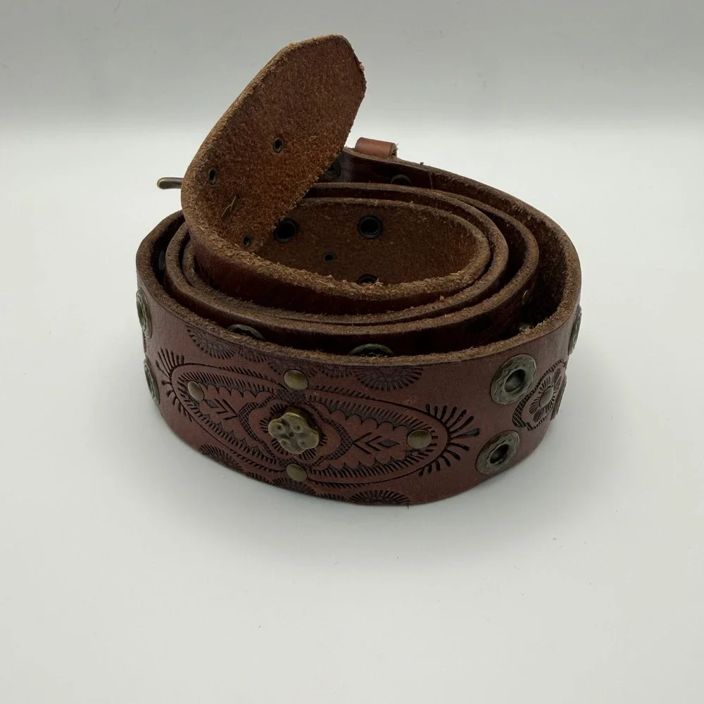 Fossil Brown Tooled Leather Western Belt Floral Studded 42in